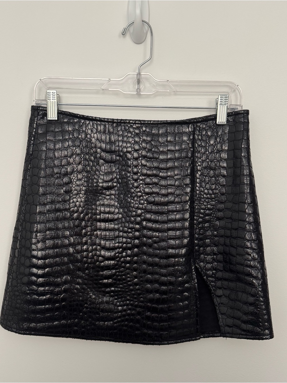 Motel Rocks Black Croc-Embossed Mini Skirt with Front Slit